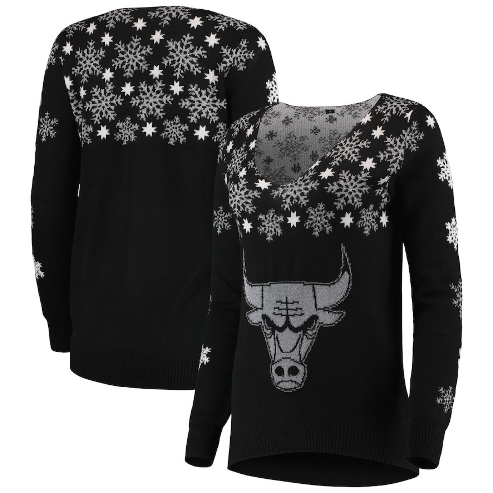 Women’s Chicago Bulls Black Snowflake Ugly V-Neck Sweater
